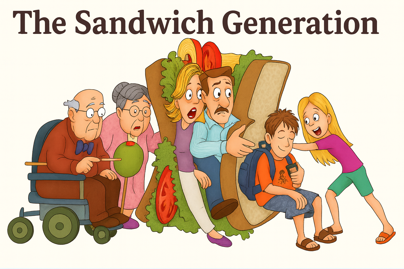 Cartoon illustration of the Sandwich Generation, with parents squeezed between caring for children and aging parents.